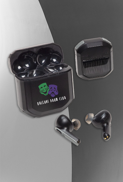 Custom imprinted Solar Powered Ear Buds for New Orleans, LA with a local business logo